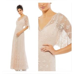 Mac Duggal 9144 NWT V Neck Flounce Sleeve Embellished Mesh Gown in Blush